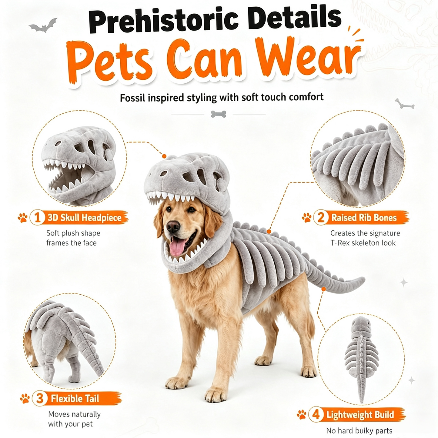 Pet Dinosaur Costume, Dog Dinosaur Skeleton Costume