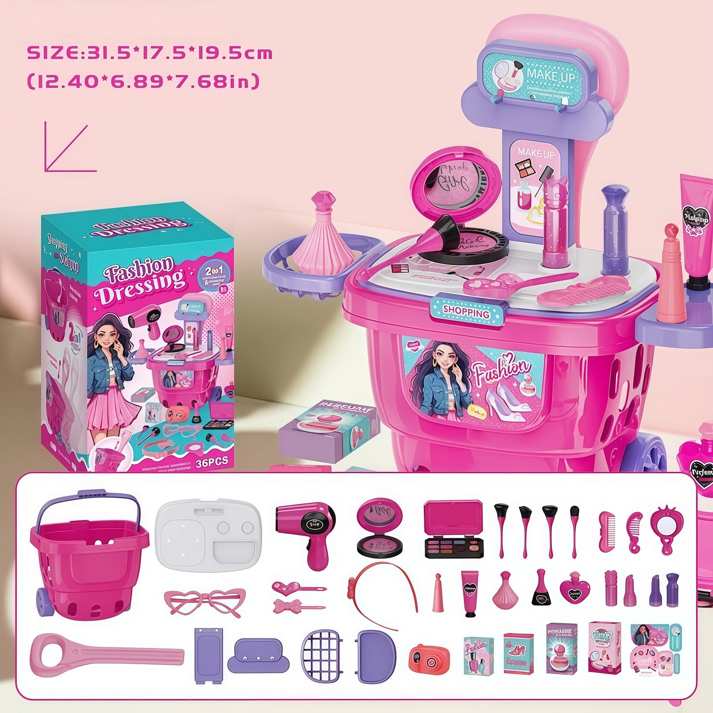 Kaiwatoy® 2 in 1 Kids Pretend Makeup Trolley Playset, 36Pcs Fashion Beauty Salon Vanity Toy Set for Girls