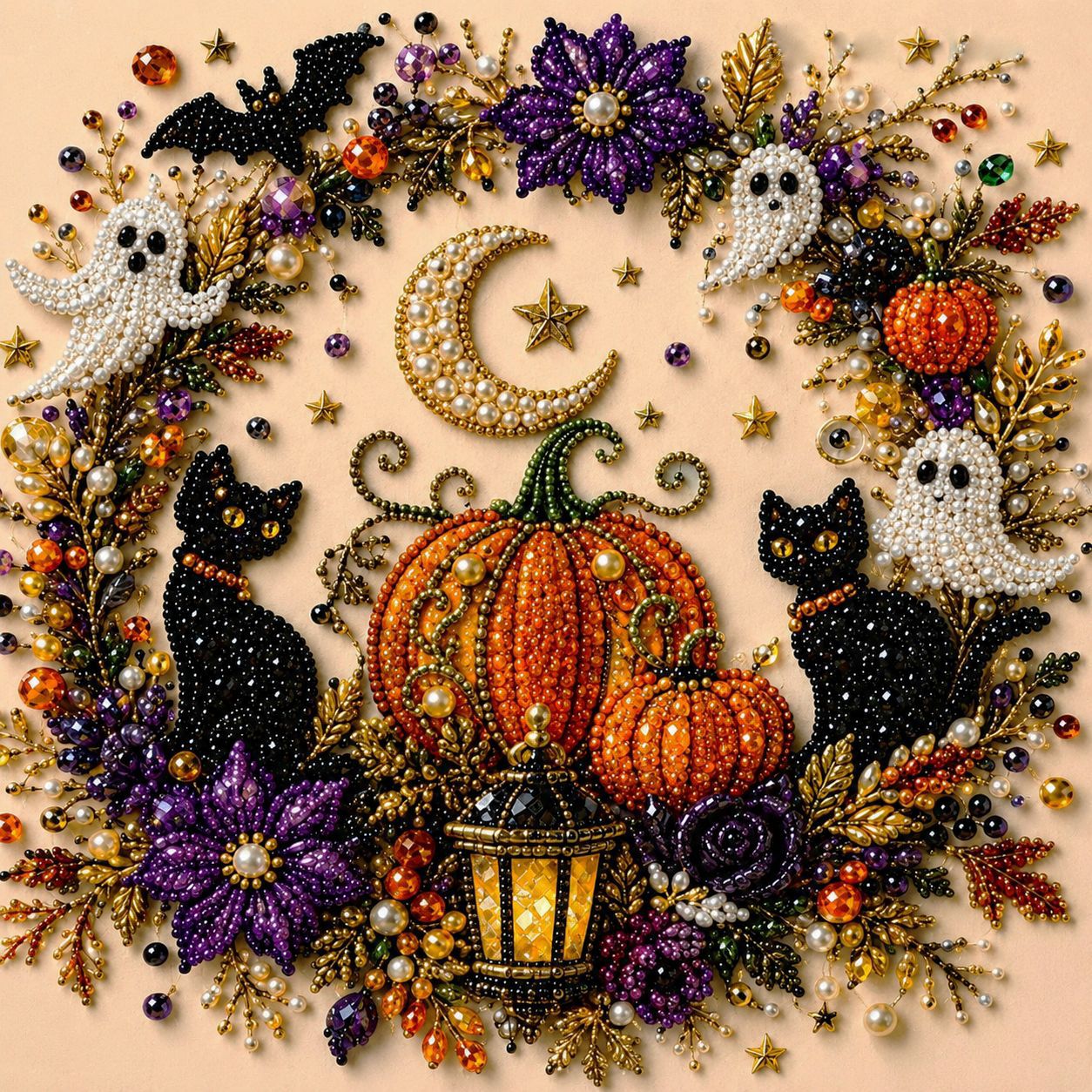 Halloween Pearl Diamond Art DIY Kit, Beginner DIY Seasonal Party Gift (Pearl White)