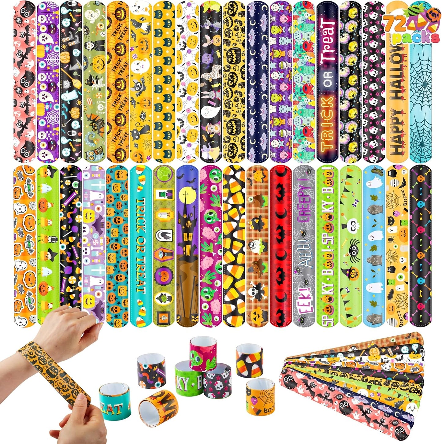Kaiwatoy®Halloween Themed Slap Bracelets,36 Spooky Designs, Safe & Fun Party Favors for Trick-or-Treaters,72PC