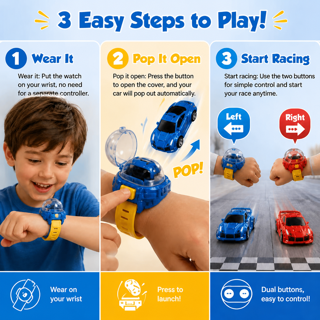 Wearable Watch RC Car | One Button Pop-Up Mini Racer For Quiet Indoor Play