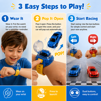 Wearable Watch RC Car | One Button Pop-Up Mini Racer For Quiet Indoor Play