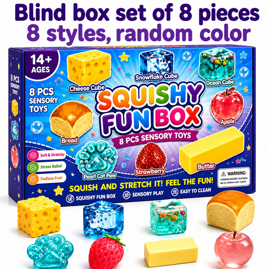 Squishy Fun Box-8 Piece Mystery Set, Ultimate Malt Sugar Stress Relief Sensory Bundle