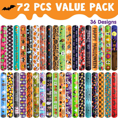 Kaiwatoy®Halloween Themed Slap Bracelets,36 Spooky Designs, Safe & Fun Party Favors for Trick-or-Treaters,72PC