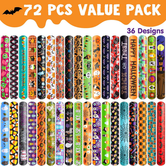 Kaiwatoy®Halloween Themed Slap Bracelets,36 Spooky Designs, Safe & Fun Party Favors for Trick-or-Treaters,72PC