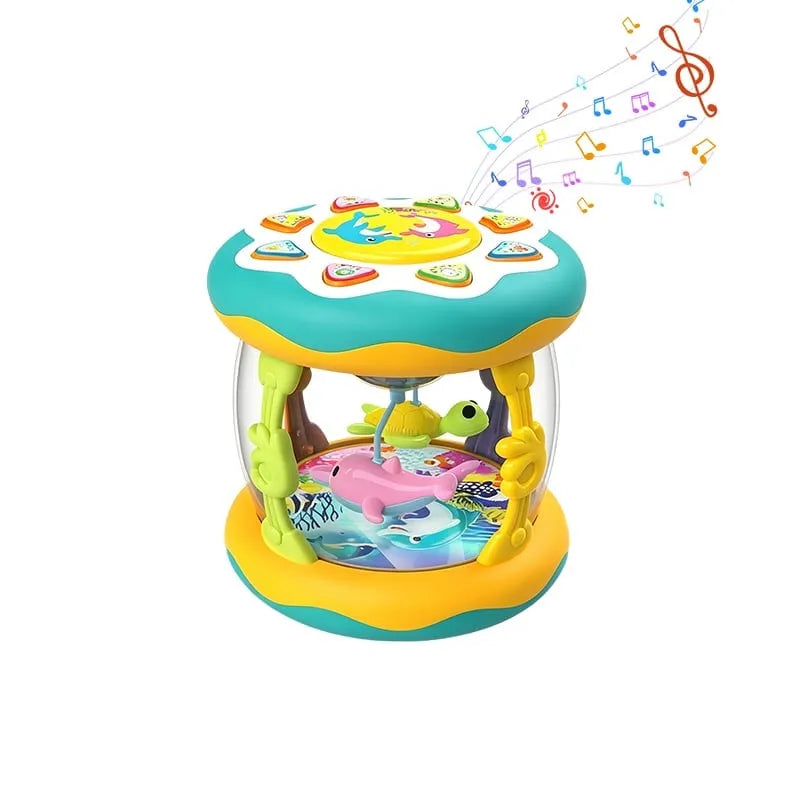 Blue rotating musical drum toy