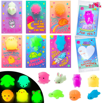 28Pcs Mochi Squishy Toys with Glow-in-The-Dark Kids Valentines Exchange Cards