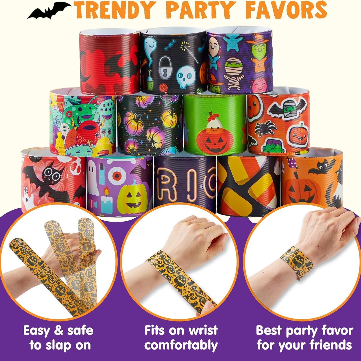 Kaiwatoy®Halloween Themed Slap Bracelets,36 Spooky Designs, Safe & Fun Party Favors for Trick-or-Treaters,72PC