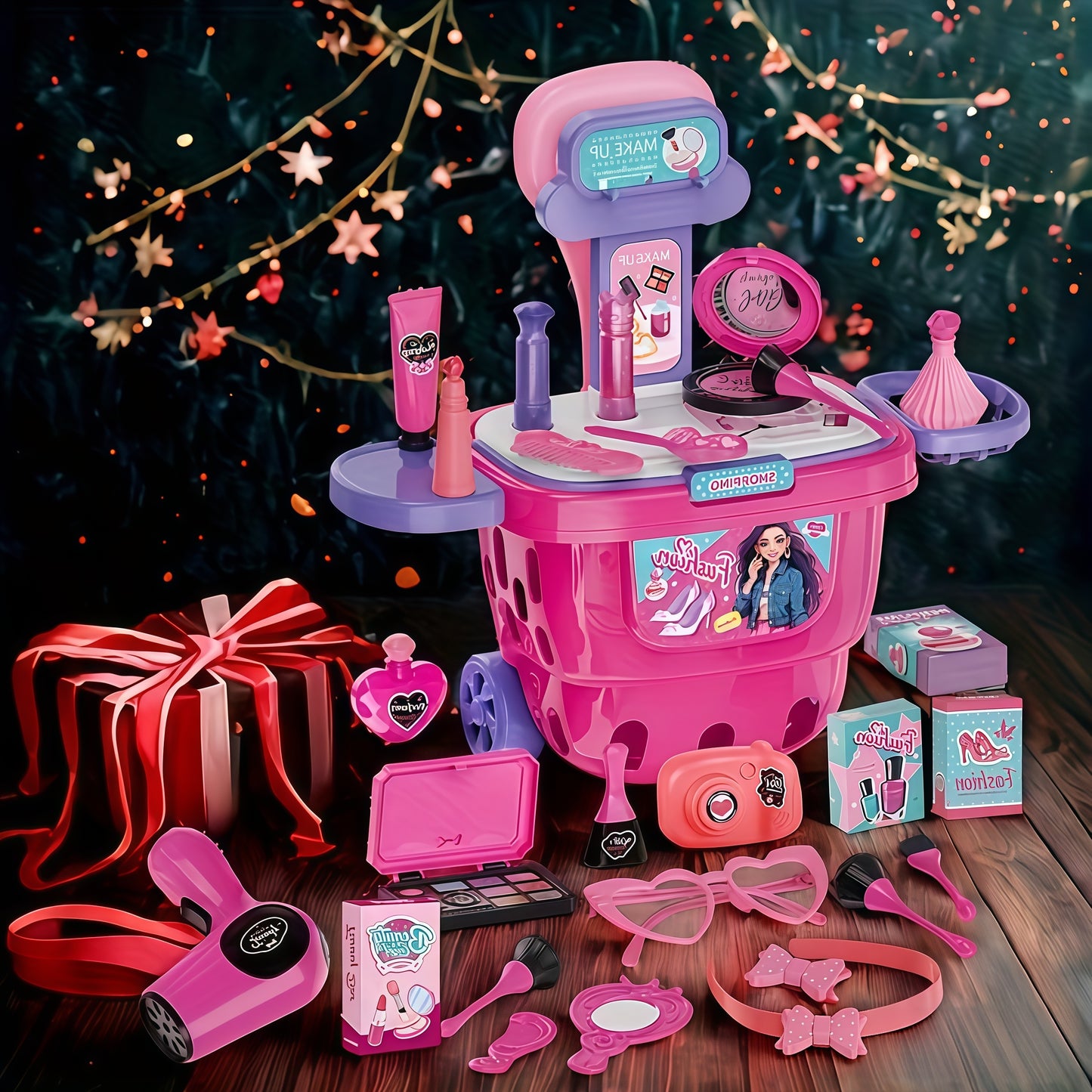 Kaiwatoy® 2 in 1 Kids Pretend Makeup Trolley Playset, 36Pcs Fashion Beauty Salon Vanity Toy Set for Girls