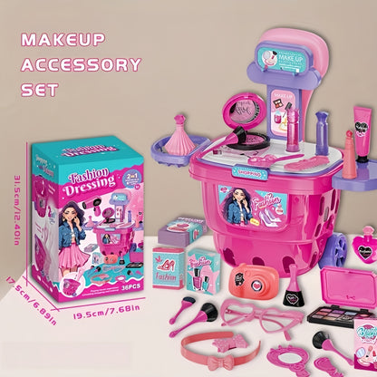 Kaiwatoy® 2 in 1 Kids Pretend Makeup Trolley Playset, 36Pcs Fashion Beauty Salon Vanity Toy Set for Girls