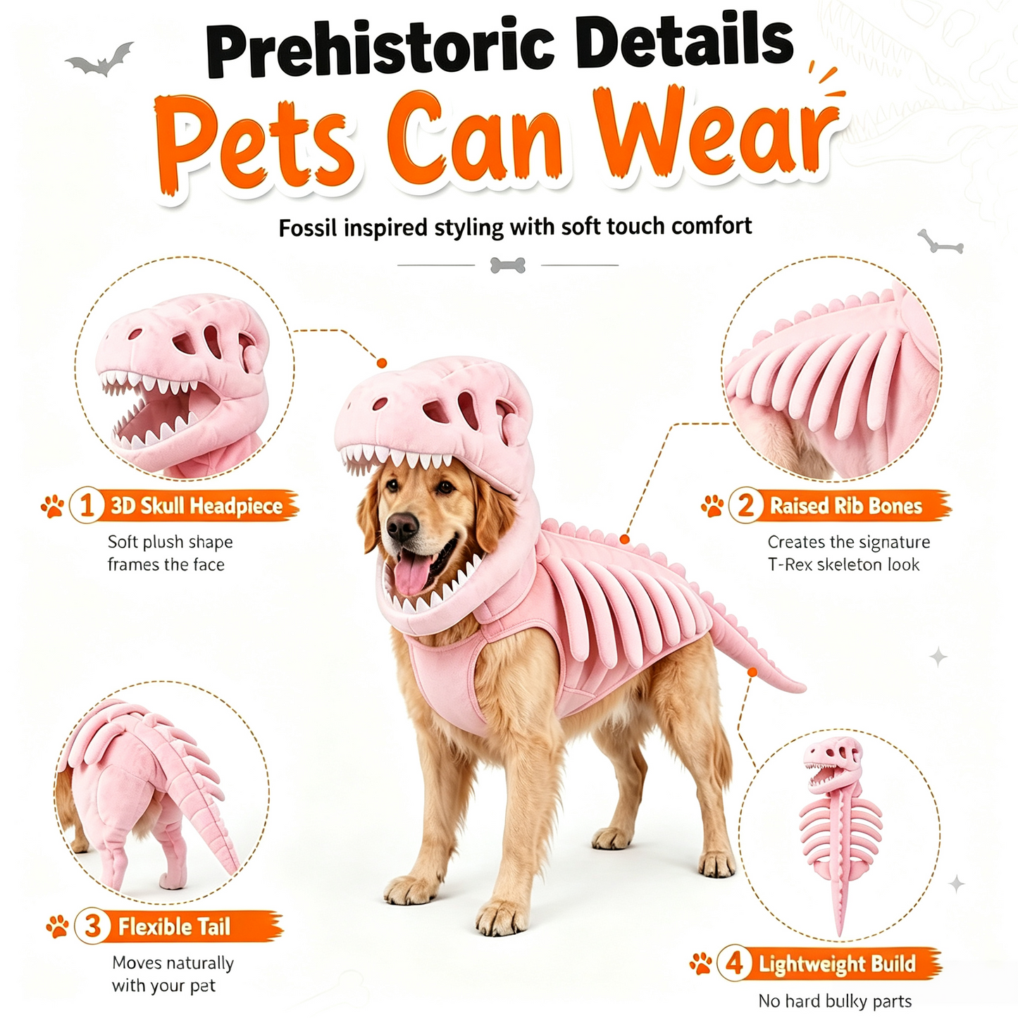 Pet Dinosaur Costume, Dog Dinosaur Skeleton Costume