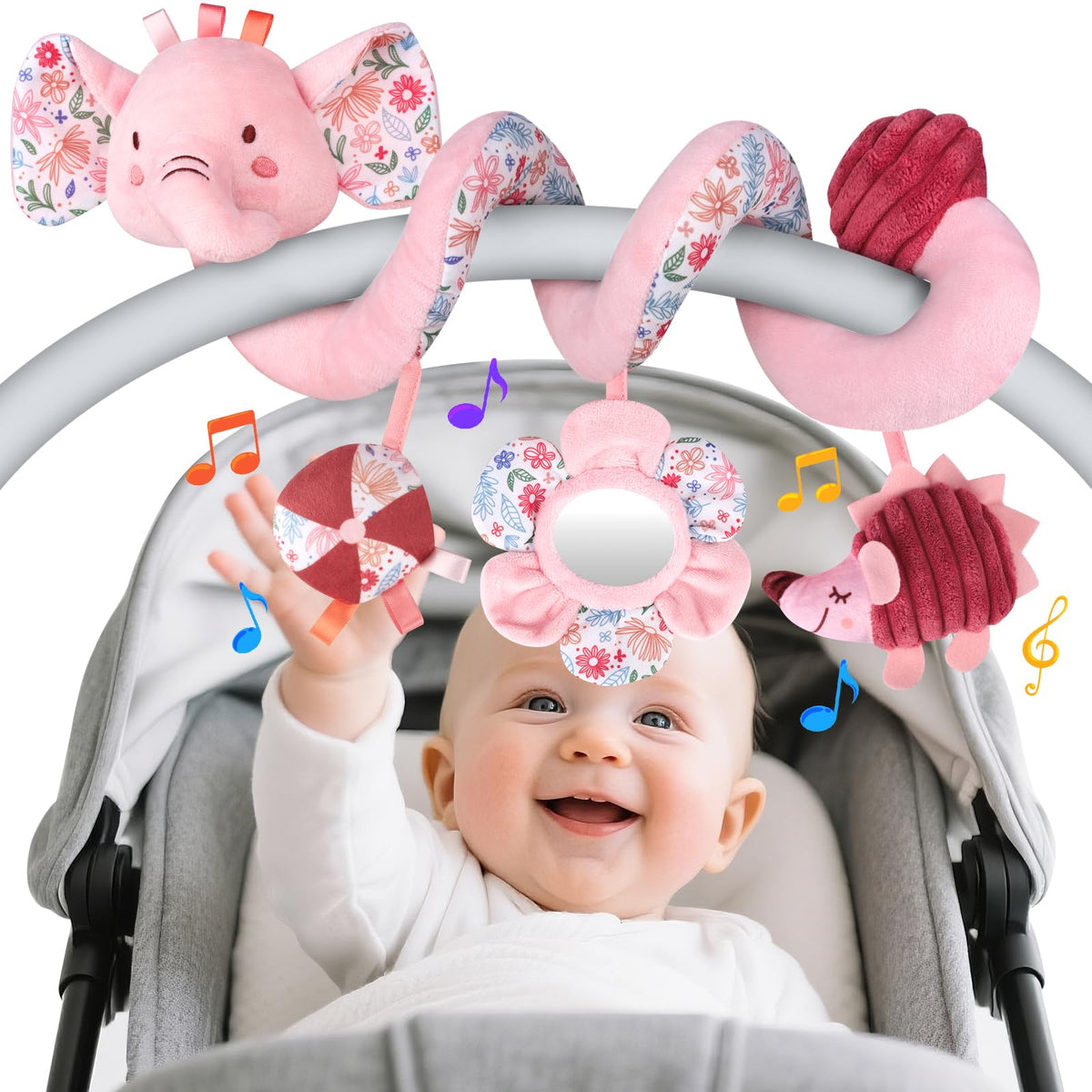 Hängendes Autositzspielzeug, Spiral-Kinderwagen- und Buggy-Aktivitätsspielzeug mit Rasseln für Babys 0-6 Monate, Autositzzubehör für Babys