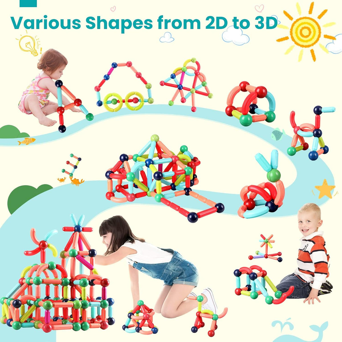 Kaiwatoy® Magnetic Building Blocks for Kids Ages 4-8, STEM Construction Toys ,Set for Kid’s Early Educational Learning