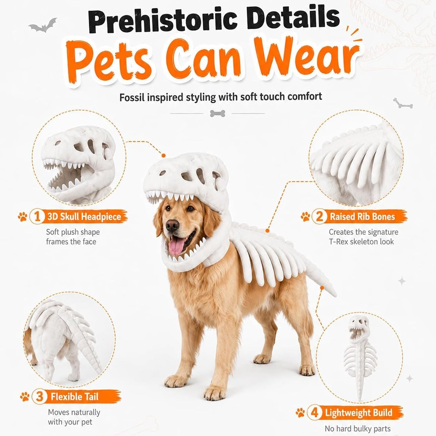 Pet Dinosaur Costume, Dog Dinosaur Skeleton Costume