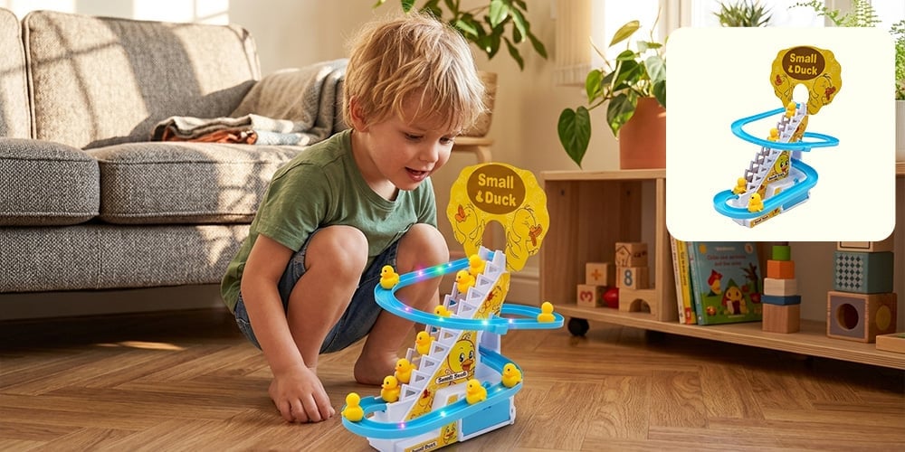Duck race track toy shown during indoor playtime