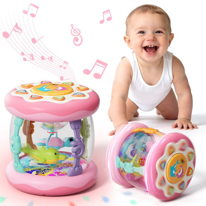 Pink rotating ocean drum toy with upright and rolling views