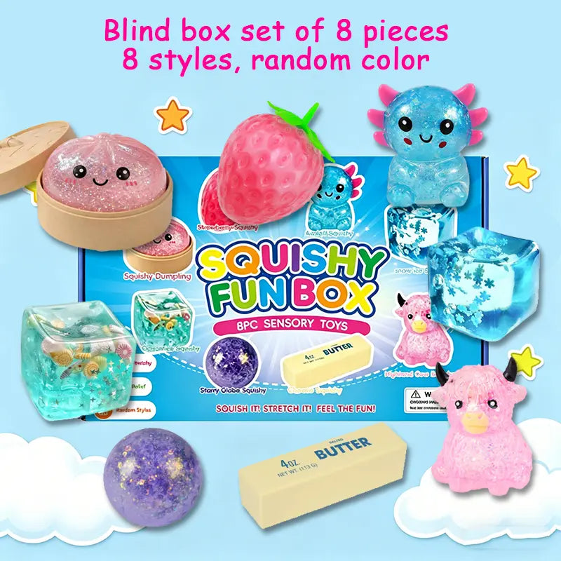 8-Piece Mystery Squishy Box — Ultimate Malt Sugar Stress Relief Sensory Bundle