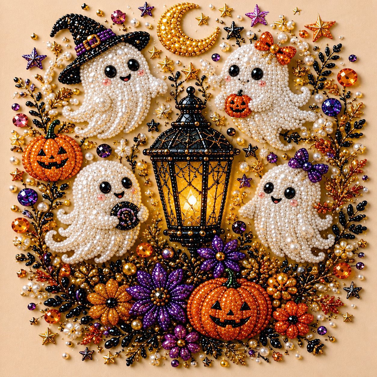 Halloween Pearl Diamond Art DIY Kit, Beginner DIY Seasonal Party Gift (Pearl White)