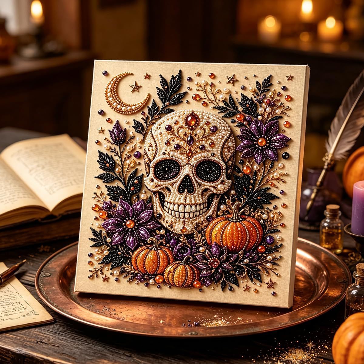 Halloween Pearl Diamond Art DIY Kit, Beginner DIY Seasonal Party Gift (Pearl White)