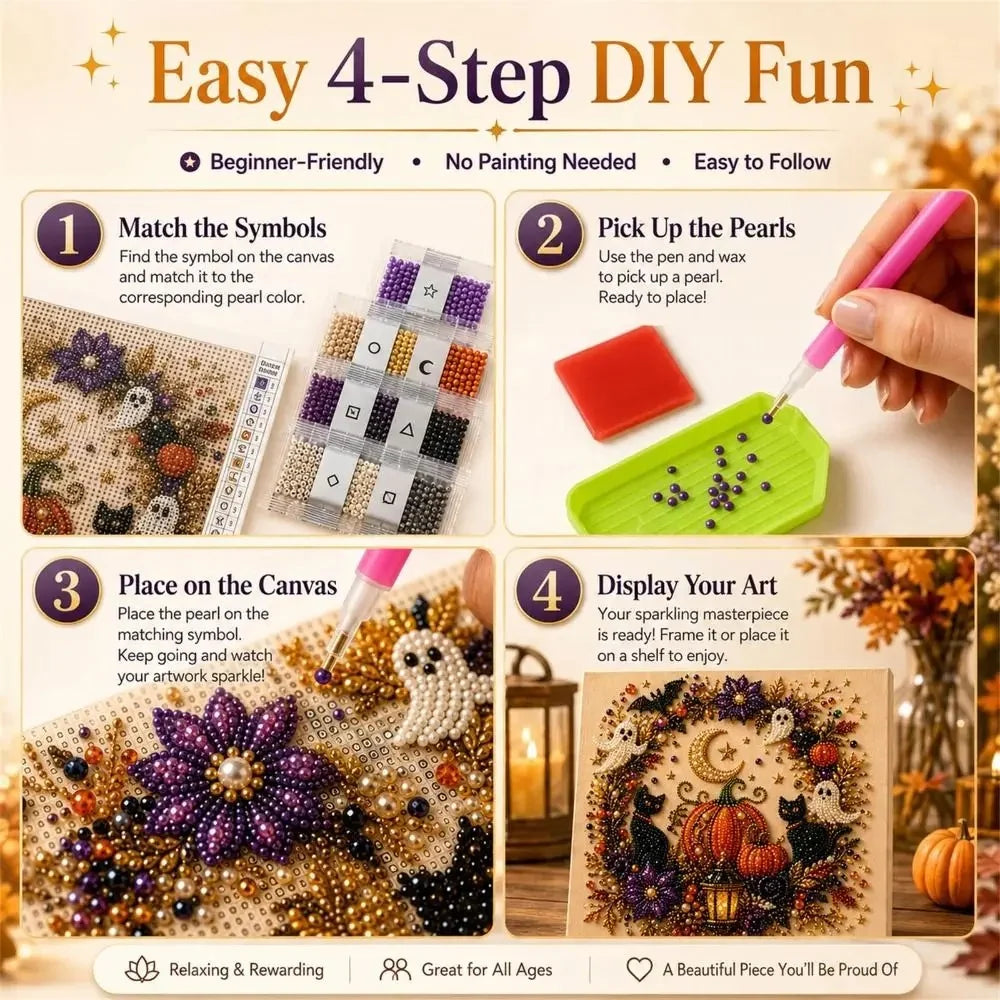 Halloween Pearl Diamond Art DIY Kit, Beginner DIY Seasonal Party Gift (Pearl White)