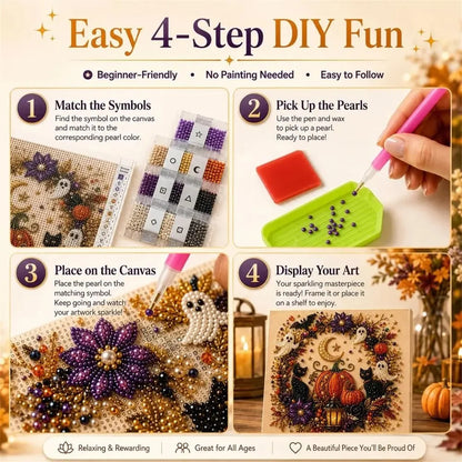 Halloween Pearl Diamond Art DIY Kit, Beginner DIY Seasonal Party Gift (Pearl White)