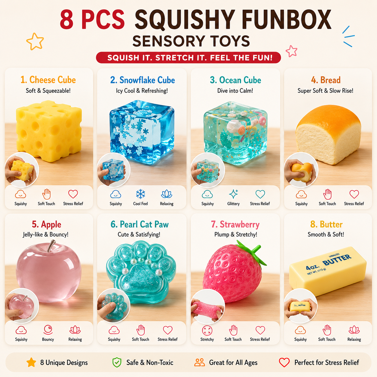 8-Piece Mystery Squishy Box — Ultimate Malt Sugar Stress Relief Sensory Bundle