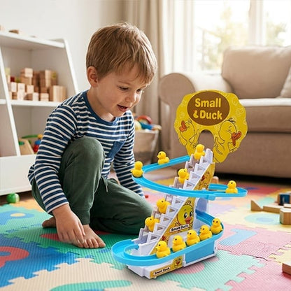 Child watching ducks climb the electric staircase