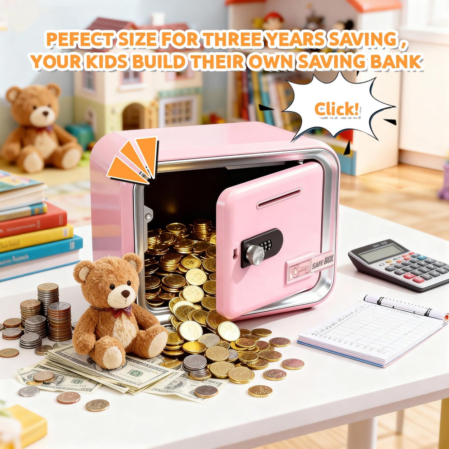 Piggy Banks for Kids, Money Safe Box Toys for Girls, Mini Safe Box Toys, Kids Coin Bank for Children, with Secure Password, Best Birthday Christmas Cash Coin Can for Kid 8-12 Year Old - Pink