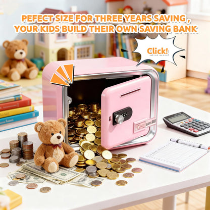 Piggy Banks for Kids, Money Safe Box Toys for Girls, Mini Safe Box Toys, Kids Coin Bank for Children, with Secure Password, Best Birthday Christmas Cash Coin Can for Kid 8-12 Year Old - Pink