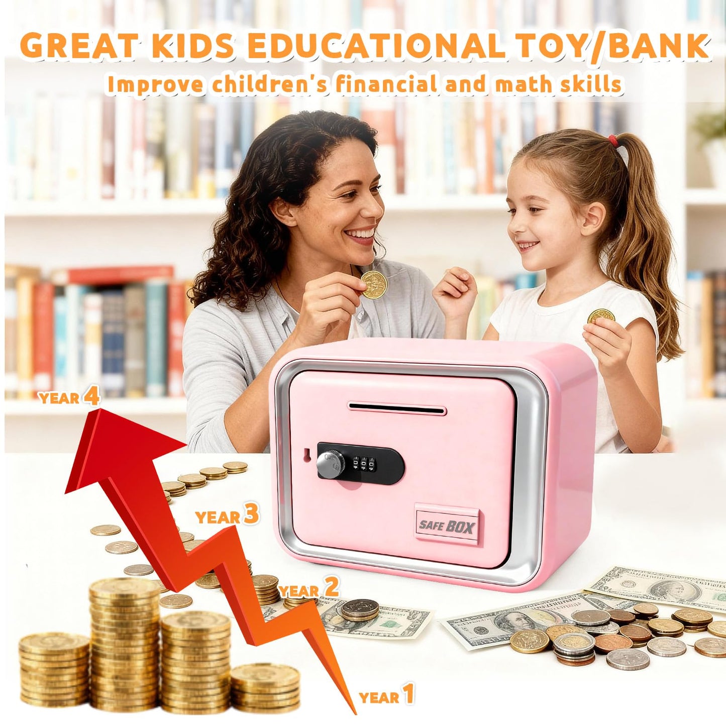 Piggy Banks for Kids, Money Safe Box Toys for Girls, Mini Safe Box Toys, Kids Coin Bank for Children, with Secure Password, Best Birthday Christmas Cash Coin Can for Kid 8-12 Year Old - Pink