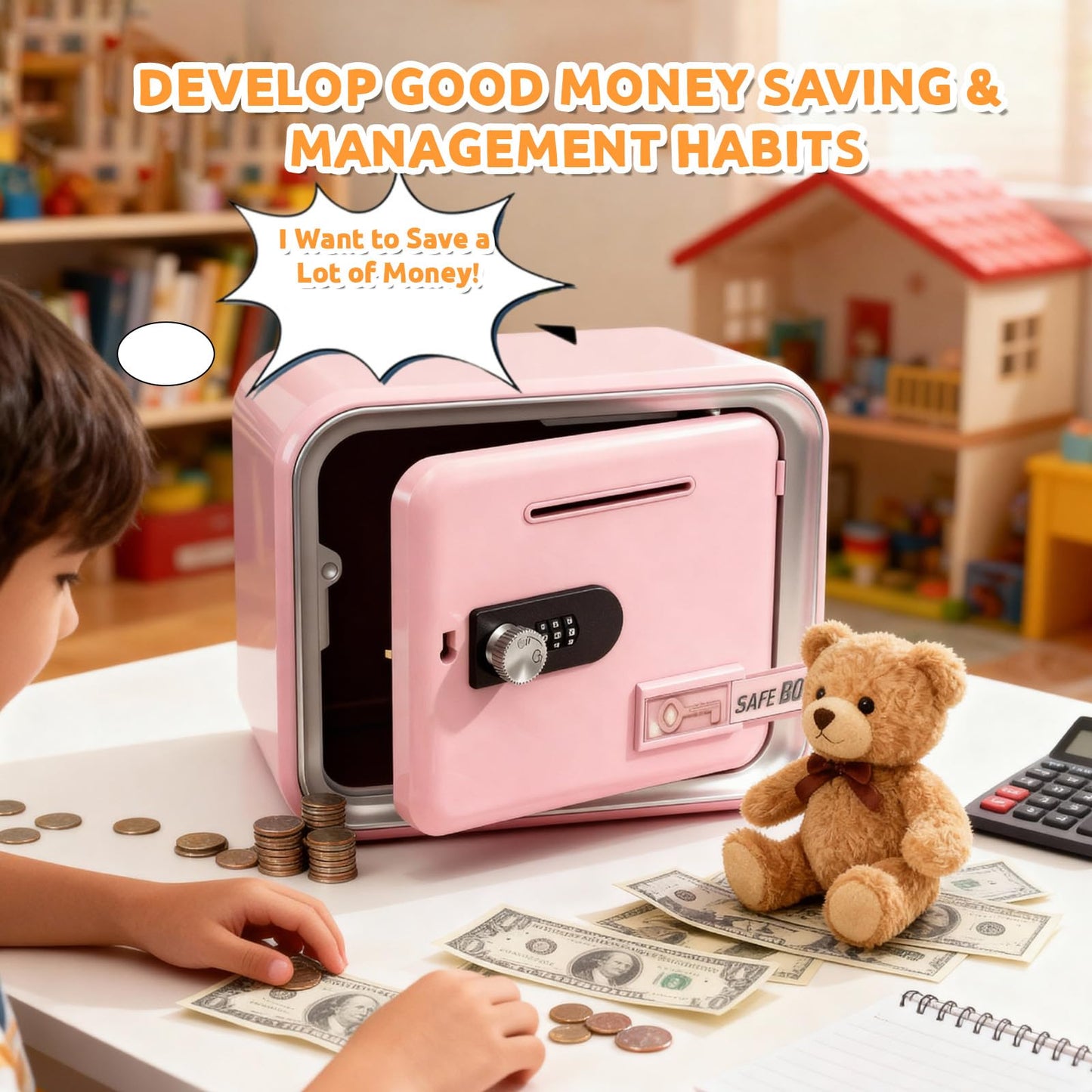 Piggy Banks for Kids, Money Safe Box Toys for Girls, Mini Safe Box Toys, Kids Coin Bank for Children, with Secure Password, Best Birthday Christmas Cash Coin Can for Kid 8-12 Year Old - Pink