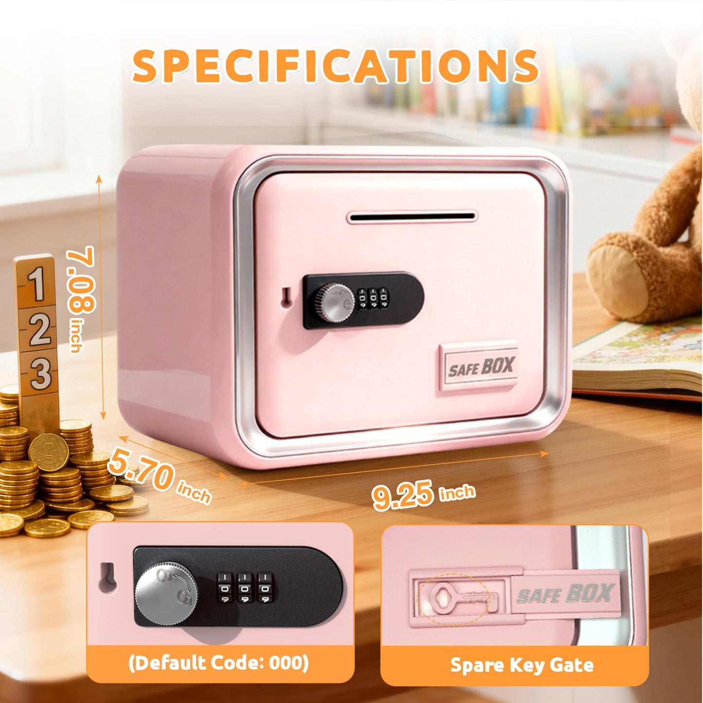 Piggy Banks for Kids, Money Safe Box Toys for Girls, Mini Safe Box Toys, Kids Coin Bank for Children, with Secure Password, Best Birthday Christmas Cash Coin Can for Kid 8-12 Year Old - Pink