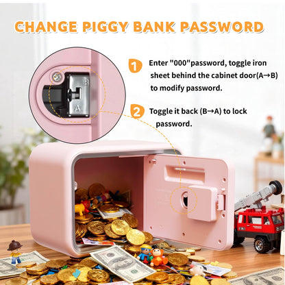 Piggy Banks for Kids, Money Safe Box Toys for Girls, Mini Safe Box Toys, Kids Coin Bank for Children, with Secure Password, Best Birthday Christmas Cash Coin Can for Kid 8-12 Year Old - Pink