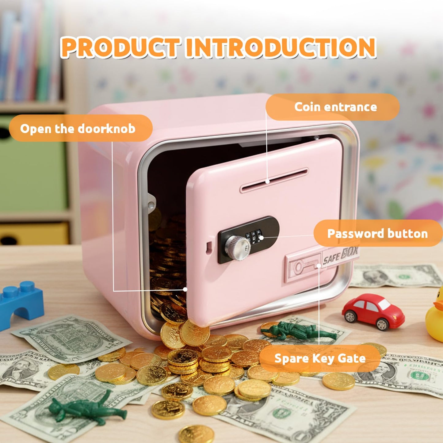 Piggy Banks for Kids, Money Safe Box Toys for Girls, Mini Safe Box Toys, Kids Coin Bank for Children, with Secure Password, Best Birthday Christmas Cash Coin Can for Kid 8-12 Year Old - Pink