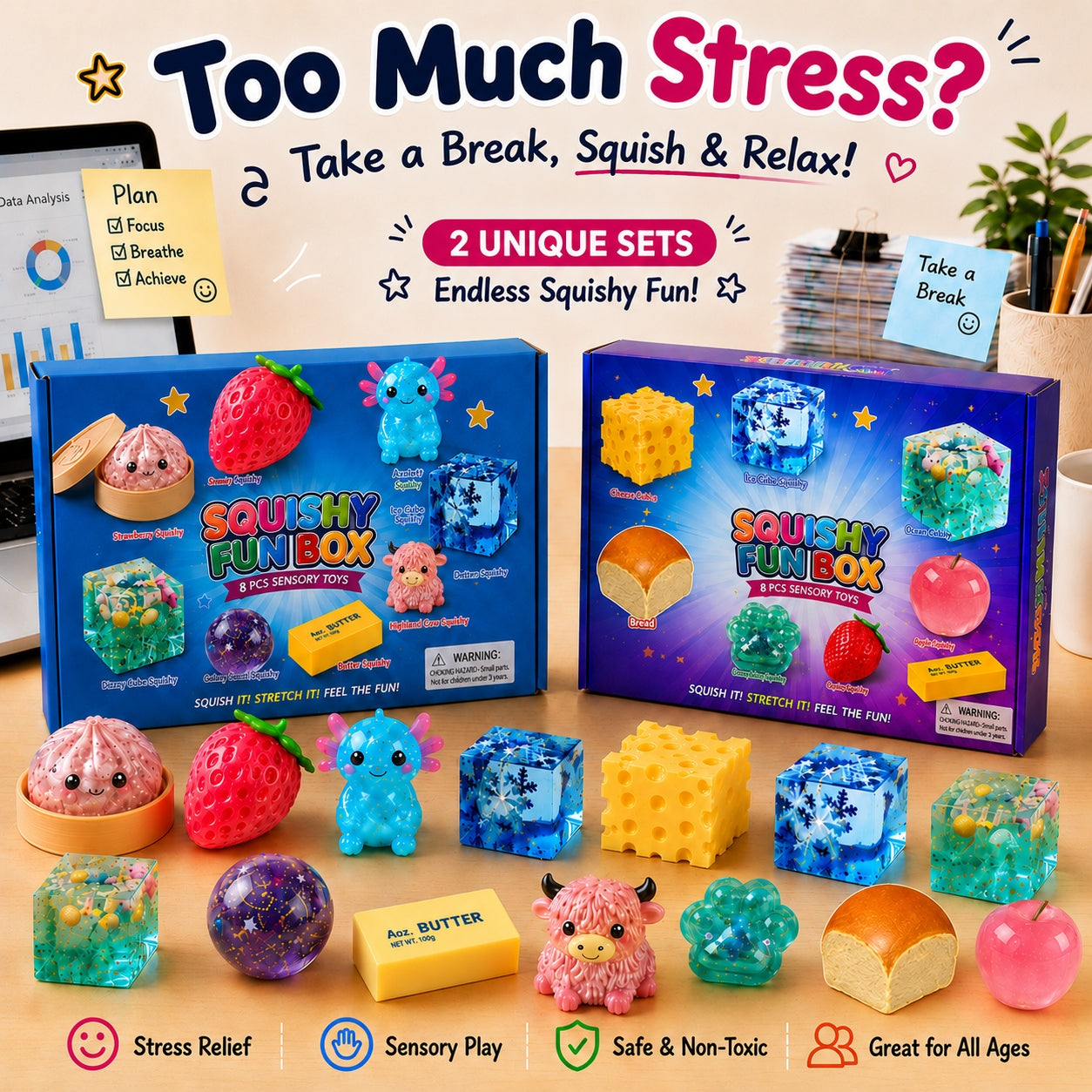 8-Piece Mystery Squishy Box — Ultimate Malt Sugar Stress Relief Sensory Bundle